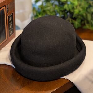 Black Vintage 100% Wool Rolled Brim Bowler Derby Hat 7-1/8" Handmade in Italy